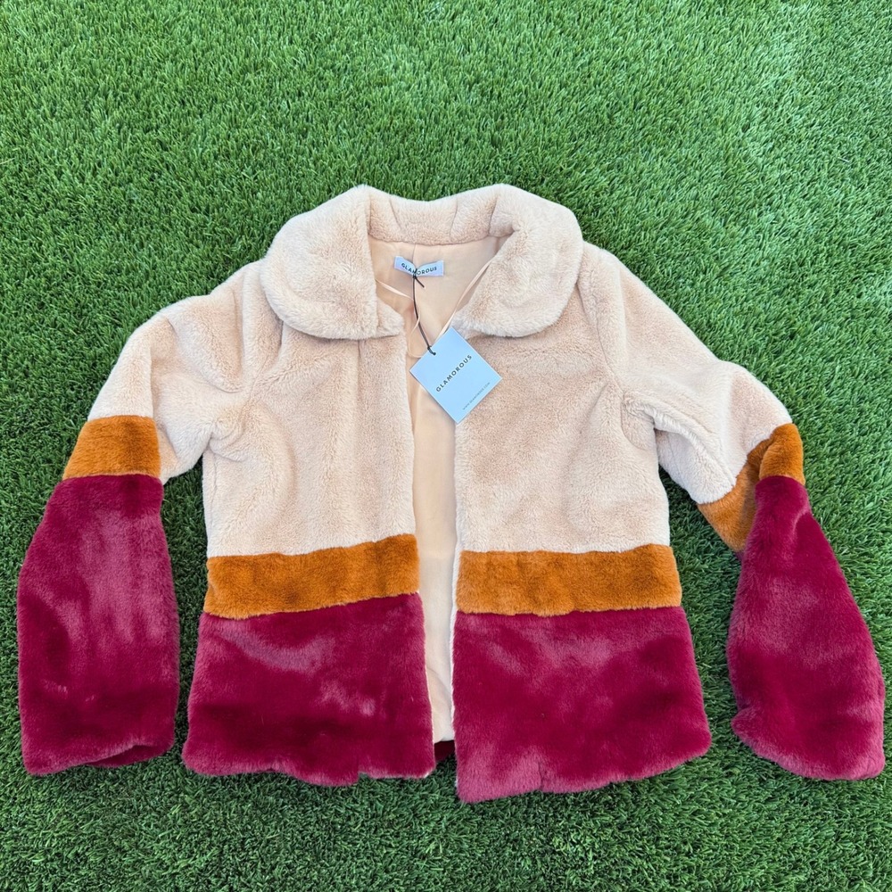 Glamorous Faux‎ Fur Jacket Burgundy Stripe Colorblock Coat Womens Size 8 NWT